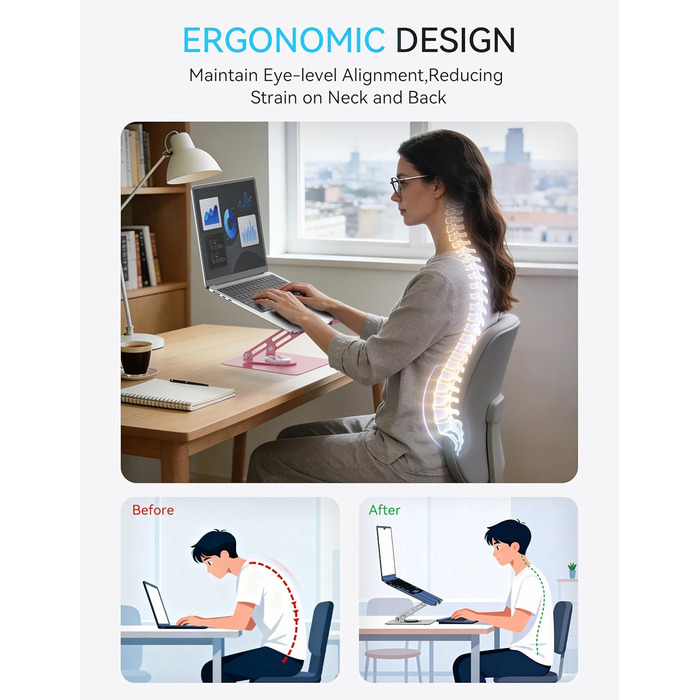 Підставка для ноутбука Soundance 360° з регулюванням висоти, чорна (C-Pink), 10-15,6 дюймів