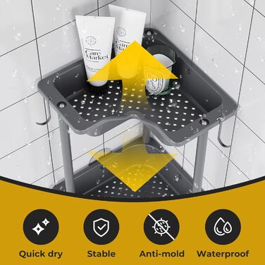 Поличка для душу OriwarE без свердління, кутова, 3 яруси, з гачками, з нержавіючої сталі, сіра