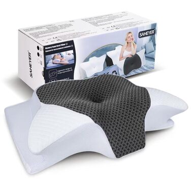 Подушка для шиї SAHEYER з Memory Foam, ортопедична, ергономічна, для сну на боці, 60x35.5x10/13 см (сіра)