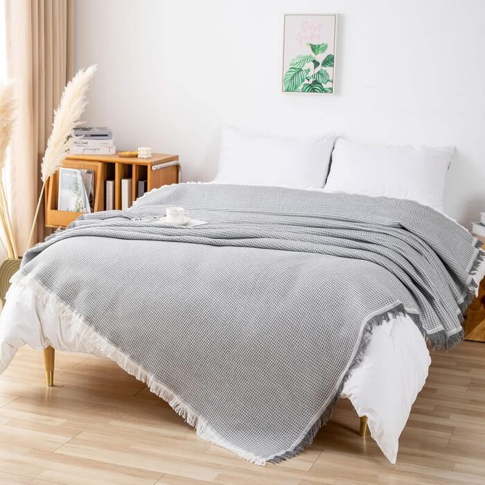 LHGOGO Waffle Throw Blanket 180x300cm Large 3-Seater Sofa Throw Versatile Living Room Blanket as Sofa Throw, Couch Cover, Sofa Cover, and Bedspread with Decorative Tassels - Light Grey