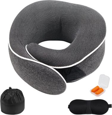 Подушка для шиї у подорожах Memory Foam - Подушка-вишийначка з маскою для сну та навушниками - Сіра