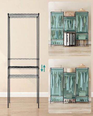 SONGMICS Clothes Rack, Open Wardrobe, Metal Coat Rack, Coat Stand with Adjustable Shelves and Clothes Rails, Hooks, High Load Capacity, Detachable, Cloud White LGR431W01 (Ink Black)