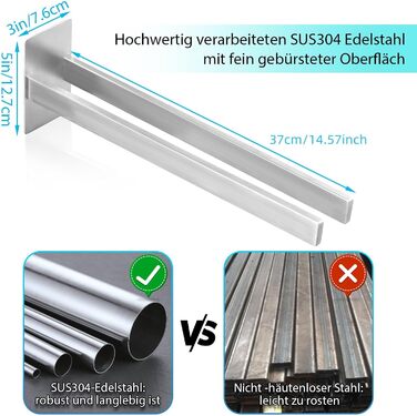 Тримач для рушників на стіну, нержавіюча сталь, без свердління, подвійний, срібний | Handtuchhalter