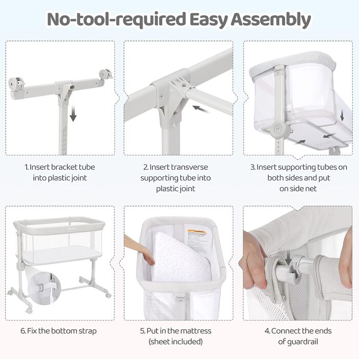 Ezebaby Bedside Sleeper, 2-in-1 Baby Bed from Birth up to 9 kg, Co-Sleeper with 7 Height Adjustments, Includes Mattress/Foldable Side Rail/Wheels, Mesh Fabric Crib (Dark Grey)