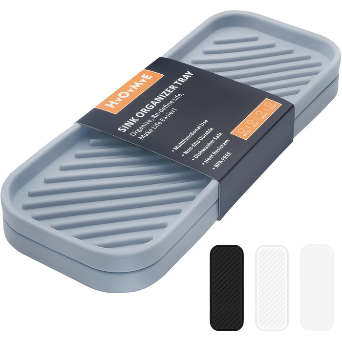 Стильний тримач для мила з силікону для раковини, органайзер для кухні, ванної, туалетного столика, столу, зберігання губки, мила, щітки, косметики, пляшок, довговічний, 2 шт. (23.5 x 9.5 x 1.4 см, Сірий)