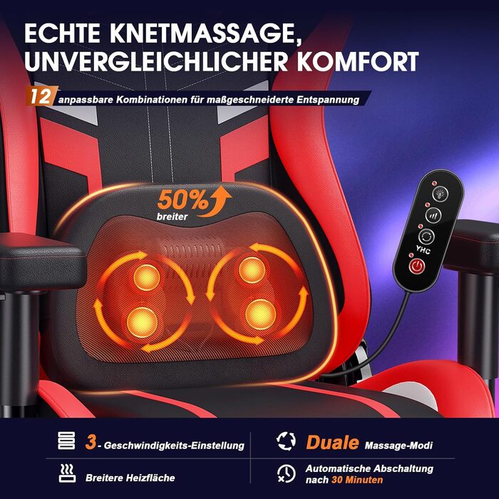 Ігровий крісло Douxlife з функцією масажу та підігрівом, ергономічний офісний крісло з підставкою для ніг, регулювання 90°-175°, м'які 2D підлокітники, геймерське крісло для ПК, 181 кг, (Червоний)