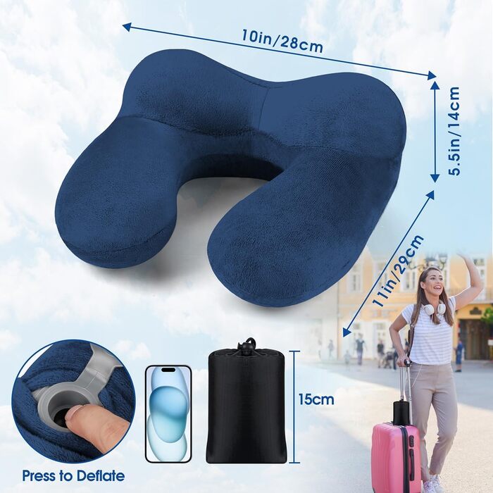 Надувна подушка для шиї BBjinronjy для подорожей: комфорт у літаку, автомобілі, офісі та під час кемпінгу. З навушниками та м'яким оксамитом.