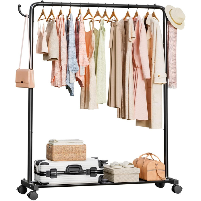 Міцний вішак для одягу на коліщатках Yorbay: металева стійка з полицею для багажу - компактна шафа для спальні, пральні, магазину (чорний, 117 см)