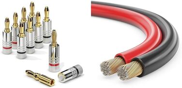 Бананові конектори Sonero® для акустичних кабелів (до 6 мм²), 4 шт. з кольоровим кодуванням (12x червоний, 12x чорний), 24K позолота (8 шт., High-End, комплект з 10 метрів кабелю 2x1.50 мм²)