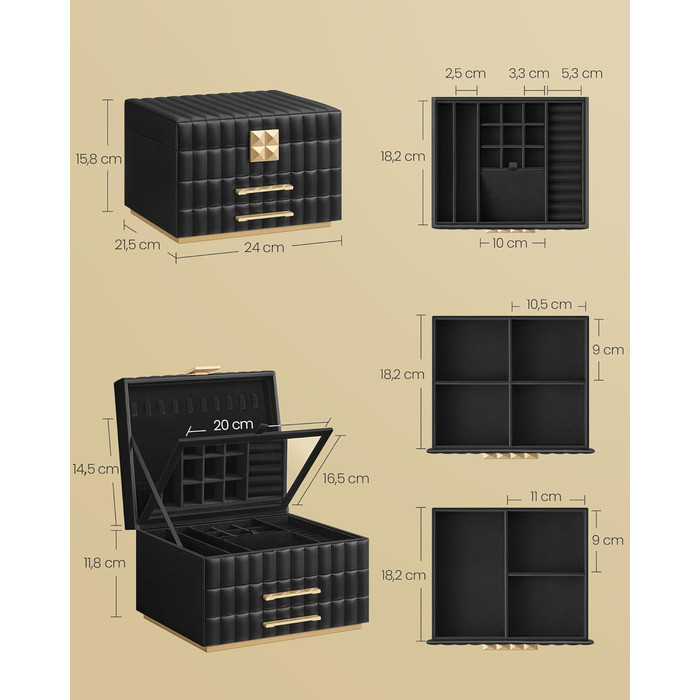 SONGMICS HOME ANAH - Скринниця для прикрас з дзеркалом, 3 ящики, 2 шухляди, PU шкіра, ефект парячого органайзера, 21,5 x 24 x 15,8 см, ідеальний подарунок, хмарно-білий (JBC183W01)