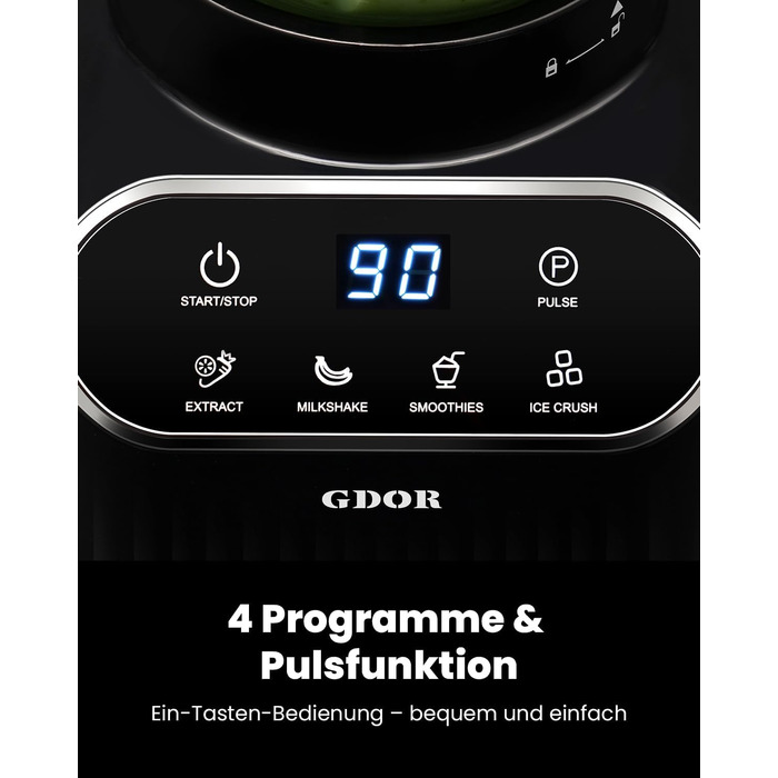 Професійний блендер GDOR 1200W з 5 програмами, 1,5л скляний контейнер та 700мл стакан для напоїв. Ідеально для смузі, шейків та кришеного льоду. Самостійне очищення.