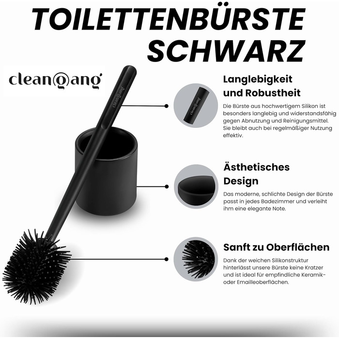 Набір для туалету Cleangang®: щітка для унітазу з тримачем, чорний силікон, швидке висихання, сучасний дизайн