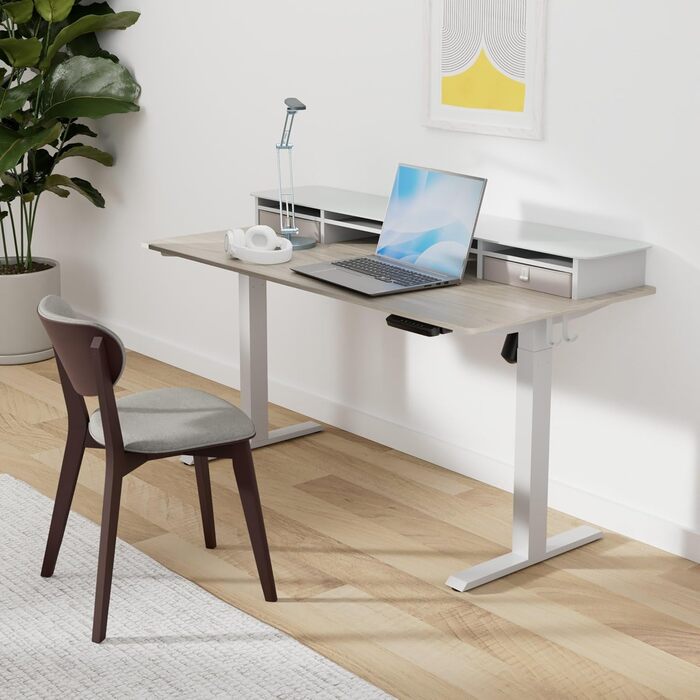 FEZIBO Electric Standing Desk with 2 Drawers - 140x60cm, Memory Control, Anti-Collision System, Light Brown Woodgrain