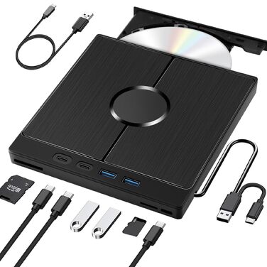 Зовнішній CD/DVD привід USB 3.0 Type-C з картридером SD/TF, портативний CD/DVD записувач для ноутбука, ПК, MacBook (Windows, macOS, Linux)
