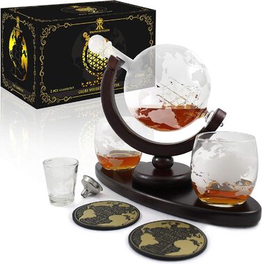 Globus Decanter Gift Set. Includes a wooden base, 2 glasses, 2 coasters, a shot glass, and a funnel. This whiskey decanter and glasses set is the perfect gift.