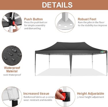 COBIZI Pavilion 3x3 Waterproof, Stable, Winter-Proof Party Tent, Folding Pavilion 3.0, 100% Waterproof and UV 50+ Portable High-End Portability Garden Pavilion (Black, 3x6 with 6 Side Walls)