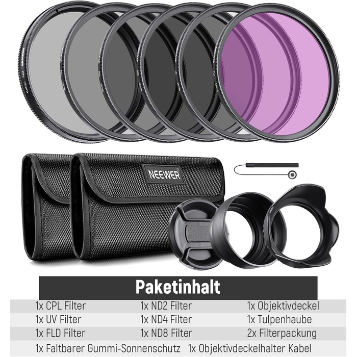 Набір фільтрів NEEWER 58mm ND2 ND4 ND8 UV FLD CPL для об'єктиву: комплект з фільтром, кришкою та блендою