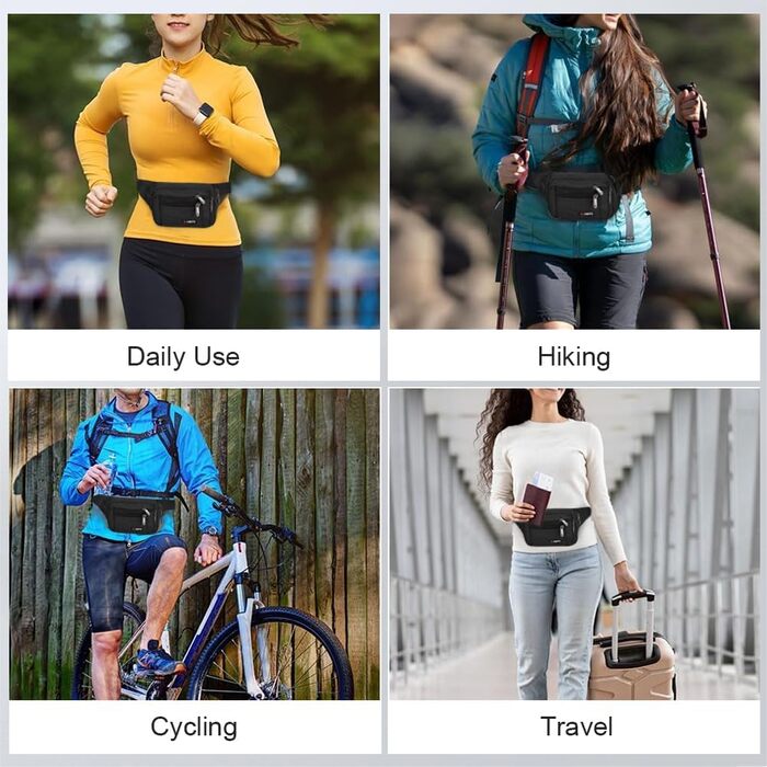 Поясна сумка на пояс для чоловіків та жінок, сумка на ремінь з блискавкою, універсальна сумка на стегно з 5 відділеннями, спортивна сумка на стегно для активного відпочинку, туризму, кемпінгу та їзди на велосипеді, чорна