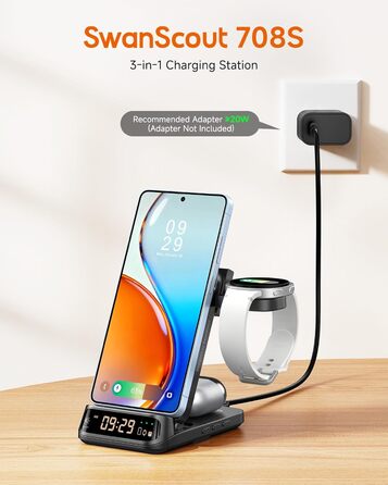 Бездротова зарядка SwanScout 708S для Samsung Galaxy S26 Ultra/+/S26/S25/S24/S23/S22/S21, Galaxy Watch Ultra/8/7/6/5/4, Galaxy Buds4 Pro (Без адаптера) Чорна