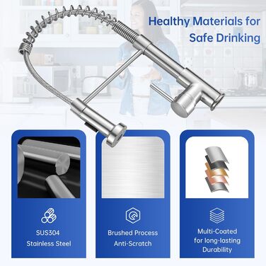 Кухонний змішувач Appaso з висувною лійкою, високотискний, 2 режими, 360° обертання, нержавіюча сталь, без свинцю та нікелю