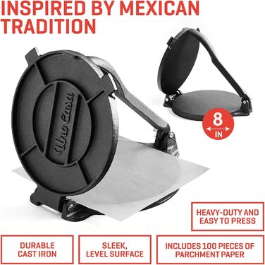 Cast Iron Tortilla Press - Taco & Roti Maker with 100 Sheets of Baking Paper - 8 Inch Kitchen Gadget for Tortillas, Roti, Tawa, Dosa & Dumplings