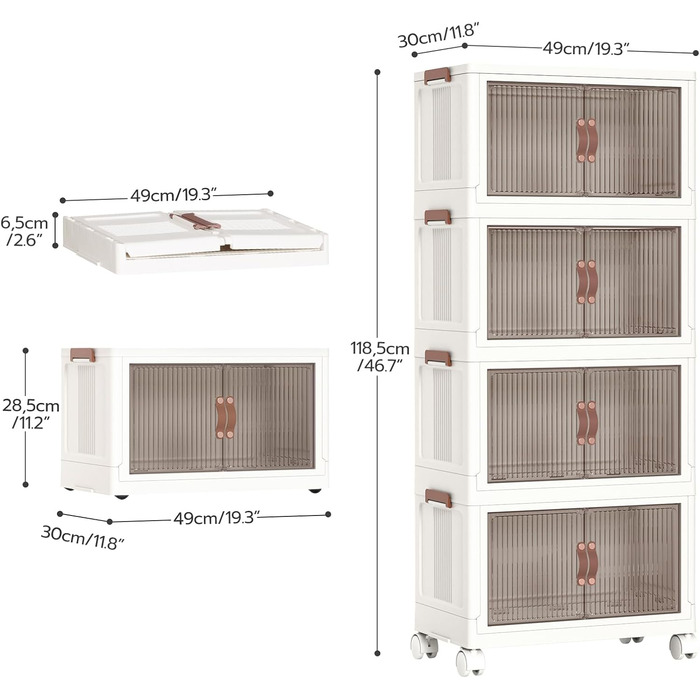 HOOBRO Storage Box with Lid, 41.6 L Plastic Storage Container with Wheels, 4 Pack Stackable Boxes with Doors, Foldable Storage Bins, White EWG442CW01