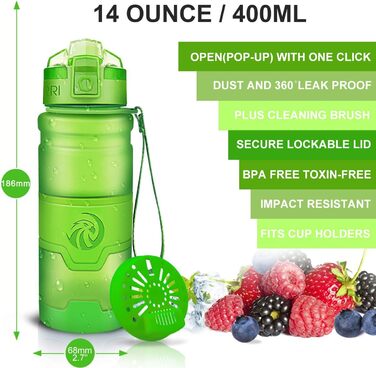ZORRI Sport Water Bottle for Kids, 500 ml/700 ml/1000 ml, BPA-free, eco-friendly Tritan plastic, reusable water bottles with filter, 1000ml-32oz (Green-400ml, 414 ml)
