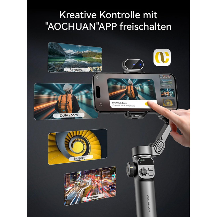 Стабілізатор Gimbal AOCHUAN для iPhone/Android з 7.8-дюймовою штангою та OLED-дисплеєм - 3-осьовий, чорний