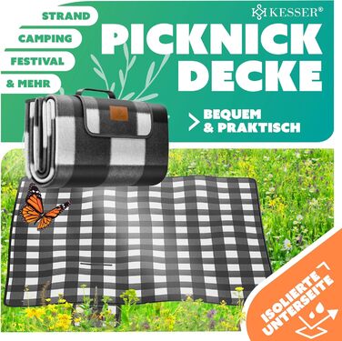 KESSER® Picnic Blanket Camping Blanket XXL 200 x 200 cm - Warm Insulated with Waterproof Bottom, Carrying Handle, Foldable Beach Blanket, Picnic Blankets for 4-6 People, Washable Picnic Blanket (Black / White)