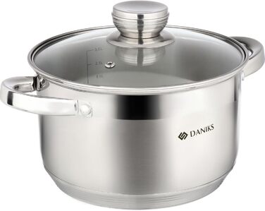Danik Standard Stainless Steel Cooking Pot with Glass Lid, 20 cm, 4 Liters, Soup Pot/Noodle Pot/Pasta Pot, Silver