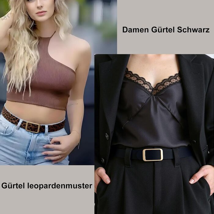Жіночий шкіряний ремінь для джинсів, спідниць та суконь, чорний та з леопардовим принтом, змінна золота пряжка 3 см, розмір M (110 см), талія 86-96 см