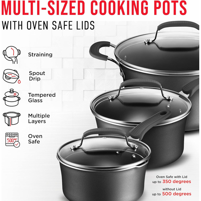Набір посуду 14 предметів з антипригарним покриттям Cookware Set – каструлі з кришками, сковороди для газових, електричних, керамічних та індукційних плит – чорний колір