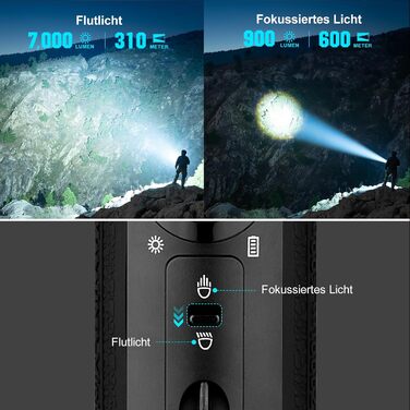 OLIGHT Marauder Mini LED ліхтар Super Hell 7000 Lumen, 600 метрів, перезарядна модель з прожектором та світловим потоком, 3 кольори LED з датчиком відстані, для активного відпочинку (чорний)