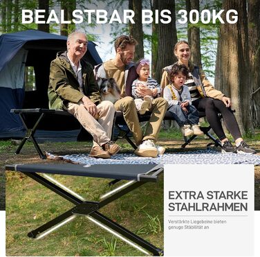 Розкладне ліжко EVER ADVANCED для кемпінгу: 214x106 см, 300 кг, XXL, стабільне, для відпочинку на природі та вдома, зелений/сірий