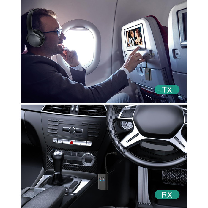 ORIA Bluetooth 5.3 Аудіоадаптер 2-в-1: для стереосистем, навушників, колонок, ноутбуків. Зарядка Type-C (Чорний)