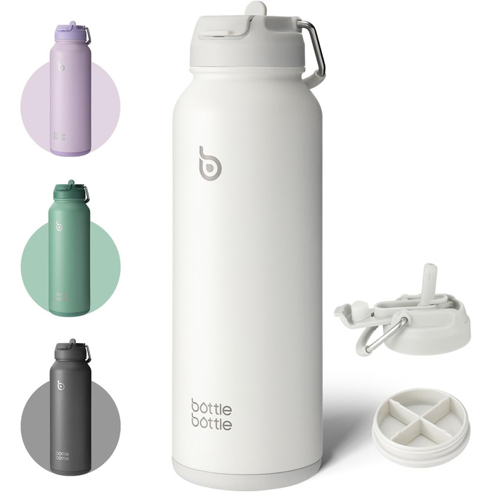 BOTTLE BOTTLE Insulated Water Bottle with Straw, Sports Stainless Steel Water Bottle with Handle Lid, Outdoor Sports Bottle for Pills, 1L (White)