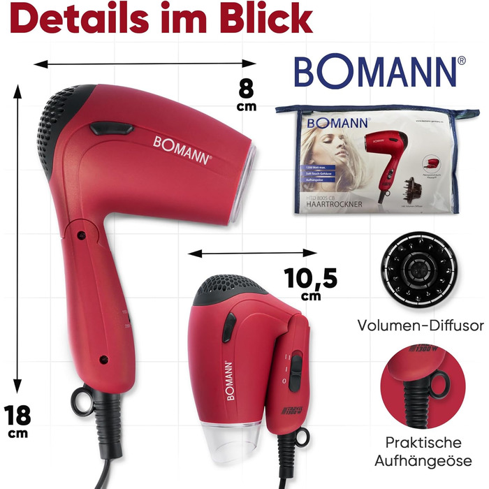 Фен Bomann® HTD 8005 CB червоний: компактний туристичний фен 1200W з дифузором та сумкою | 2 режими | 110/230V