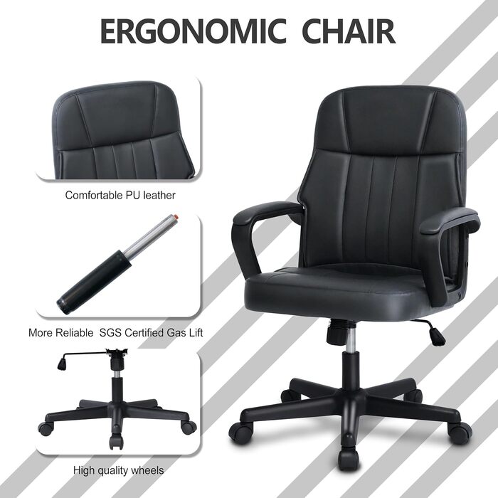 Офісне крісло MIXASTEP з PU-шкіри, поворотне, регульована висота, міцні підлокітники, 360° колеса, для роботи, навчання, ігор (Чорний)