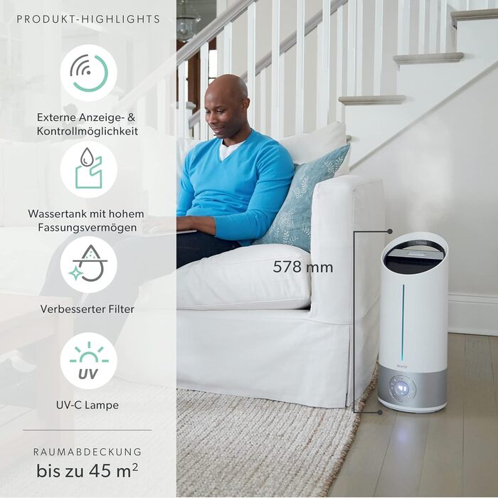 Leitz TruSens Ультразвуковий зволожувач повітря N-300, 45 м², з контролем вологості, для офісу, спальні та дитячої кімнати, 8 л, білий/сріблястий