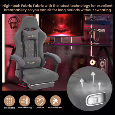 WOLTU Gaming Chair with Massage Function, Computer Chair with Pocket Spring Cushion, Ergonomic Gamer Recliner, Swivel Chair with Headrest, Lumbar Pillow, Footrest, 150 kg, Tech Fabric, Grey + Yellow, GS07gr Grey Tech Fabric