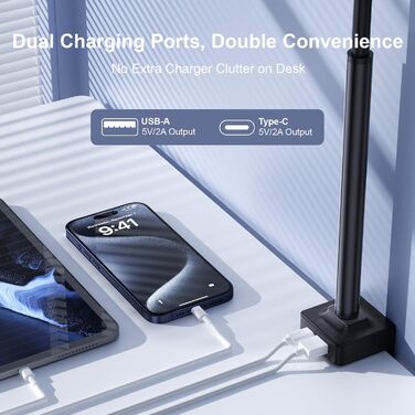 LED лампа настільна з регулюванням яскравості - 1500LM 24W, кріплення-прищіпка, з пультом, гнушкий 80см шнур, USB-порт, для офісу та дому (Чорний)