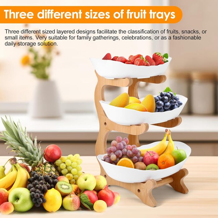 DEECOZY Трирівнева підставка для фруктів та овочів з бамбуком, біла. Організатор для зберігання фруктів, овочів та закусок