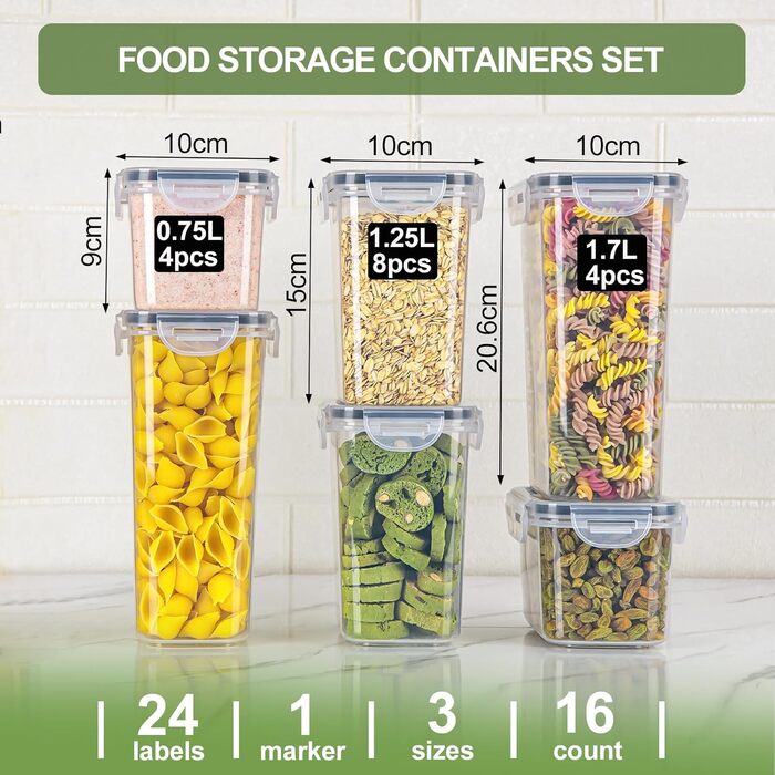 Набір контейнерів для продуктів з кришкою, 16 шт. BPA Free, герметичні, для зберігання крупи, борошна, цукру. Органайзери для кухні з етикетками