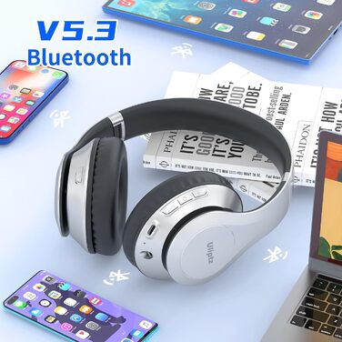 Бездротові навушники Uliptz Over-Ear Bluetooth з 65 годинами роботи, 6 EQ-режимів, HiFi стерео, складна конструкція для подорожей/офісу/телефону/ПК (срібні)