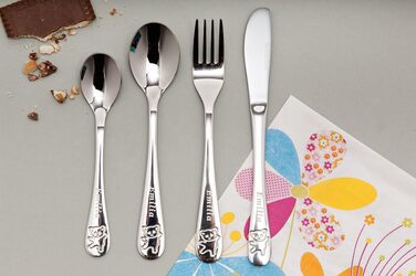 Дитячий столовий прилад Kinderbesteck з гравіюванням імені/мотива 'Teddy Bärchen' (ведмедик), 1 або 4 шт. у наборі, з нержавіючої сталі, гравіювання стильною літерою