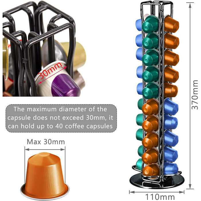 Підставка для капсул кави Frasheng, 40 капсул, чорна, з хромованої сталі, обертається, економія місця