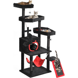 Кігтеточка YITAHOME Готичний XL, 160 см, велика та стійка, з 4 колонами з сизалю, 1 дощечкою для шліфування, гамаком, 2 підвісними кулями-павуками, платформами для сну, чорна, 48 x 60 x 160 см