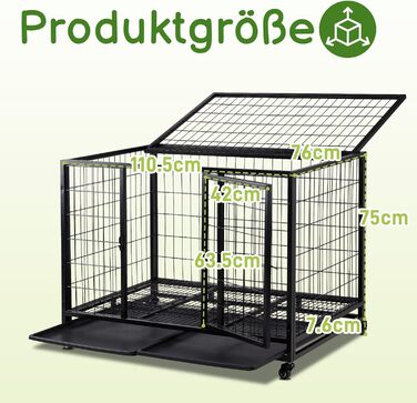 Міцна переносна клітка для собак, 109x76x87 см, 2 двері, фіксуючі колеса, знімний піддон – для середніх та великих собак, чорна