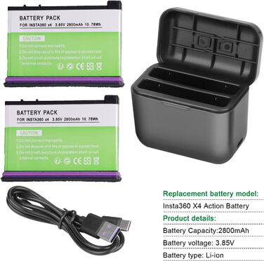 2 x 2800mAh акумулятори Insta360 X4 з зарядним пристроєм USB-C, Li-Ion акумулятори для Insta360 X4, з мікро SD картами