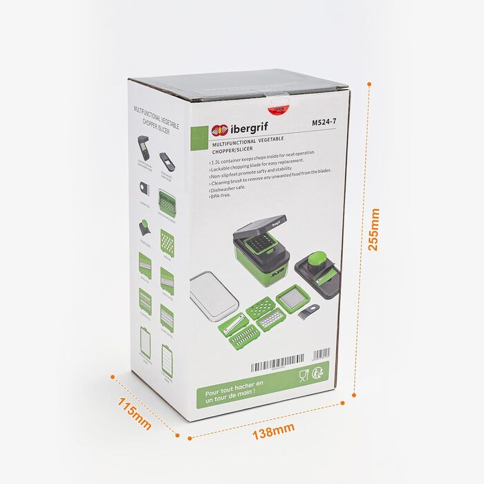 Ibergrif M521 - Набір для нарізки овочів 6-в-1, подрібнювач, кубики, слайси, 1200 мл, без BPA, для миття в посудомийній машині, чорно-зелений